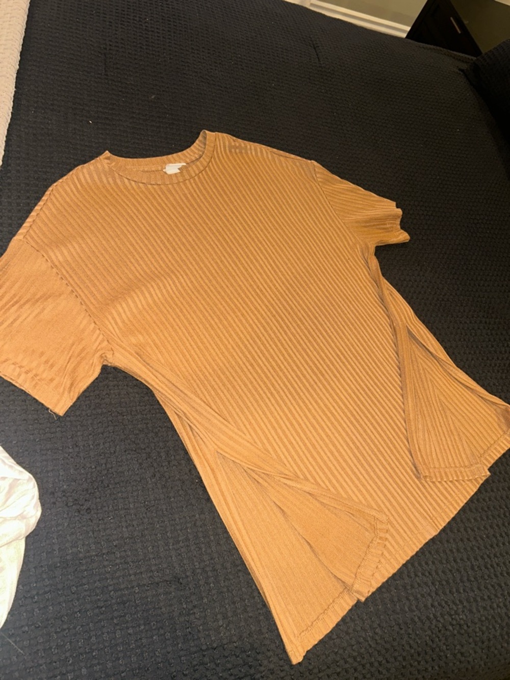 H&M Ribbed Short Sleeve Top in Camel